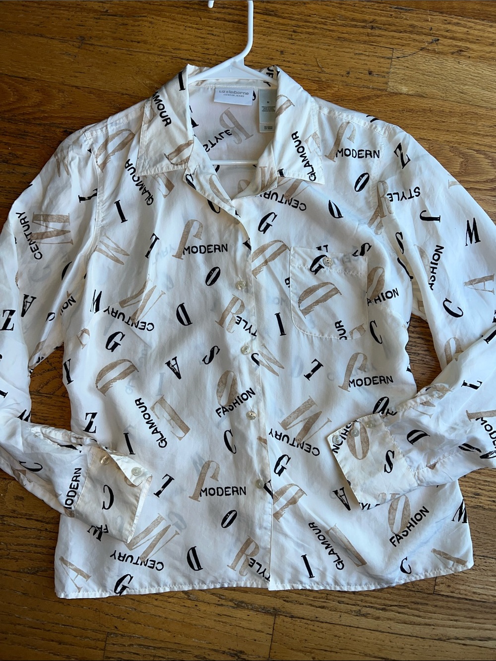 Liz Claiborne 100% silk Button-Up Shirt with Tan & Black Letter Print